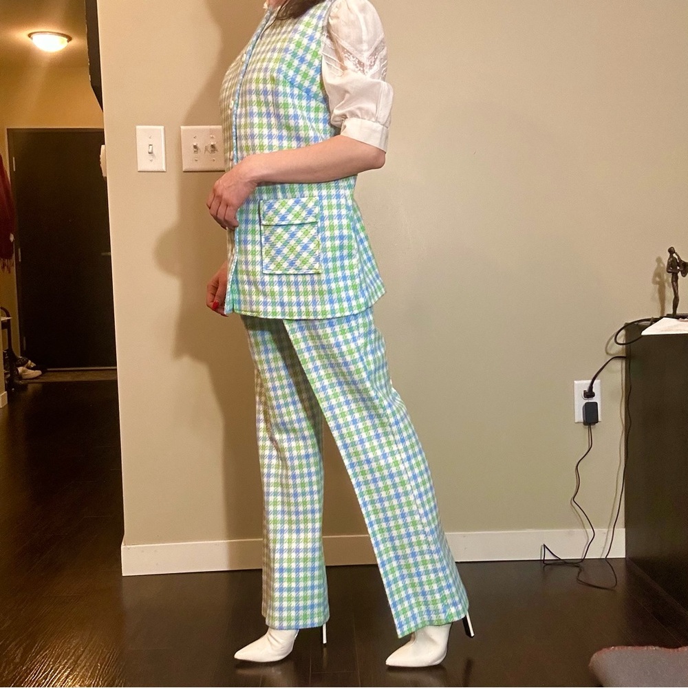 Rare Vintage 1970's MOD green/blue houndstooth two-piece suit - Picture 4 of 16
